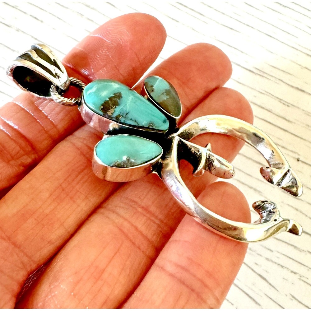 Navajo Naja Pendant Turquoise 2.75in Squash Blossom Sterling Irving Tsosie Crown - Picture 3 of 6